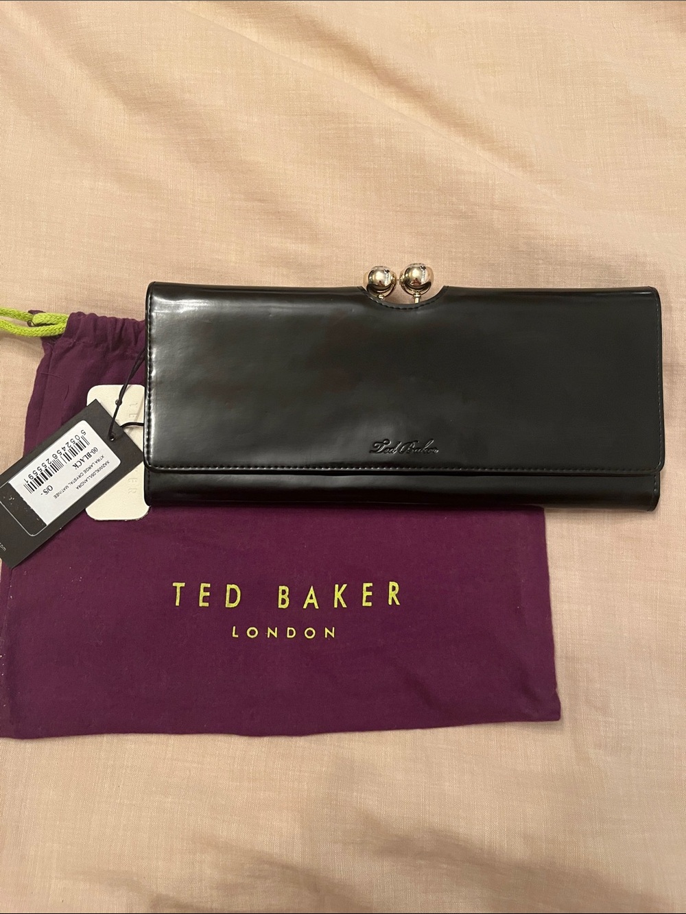 NWT Ted Baker Black Patent Leather Llandra XL Crystal Matinee Wallet Clutch